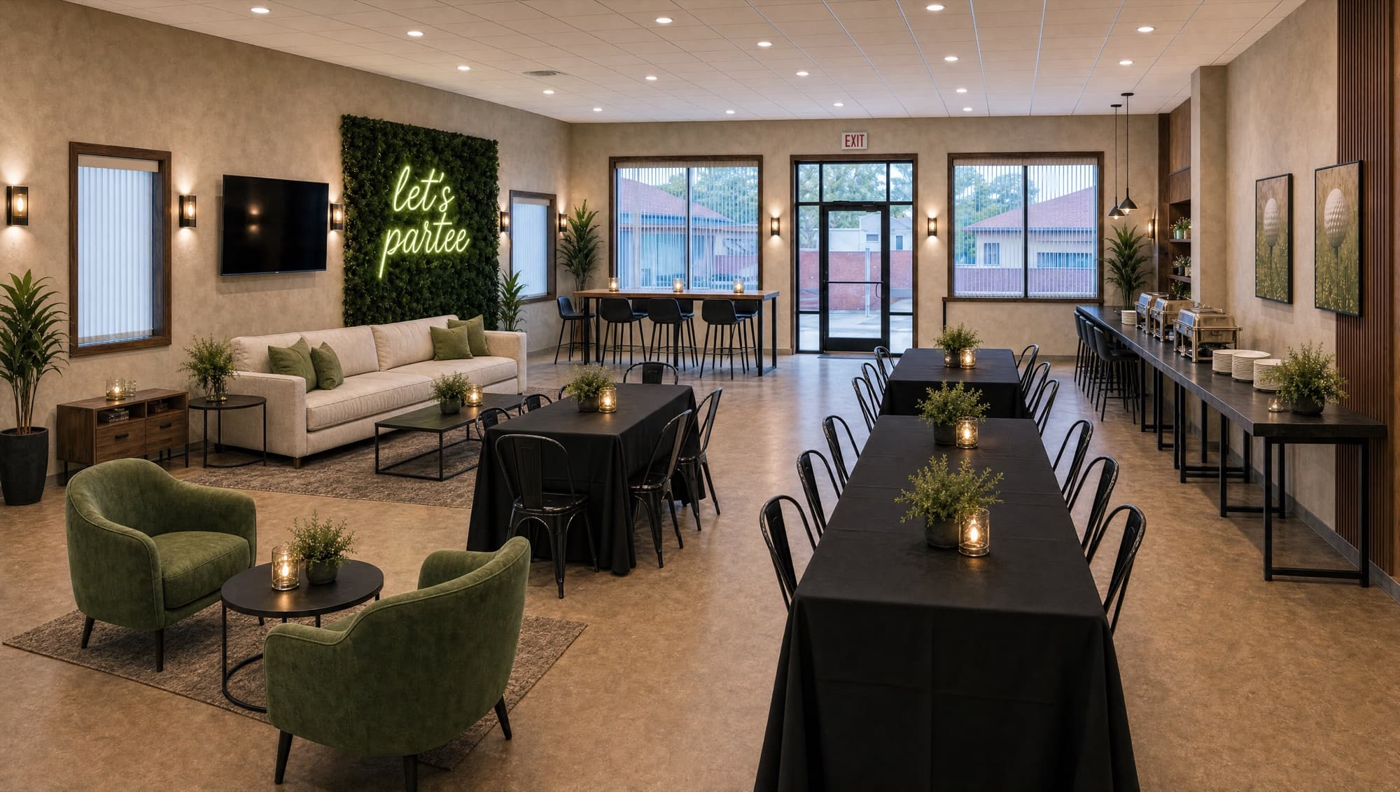 The party room in bright daytime light with soft seating and long tables