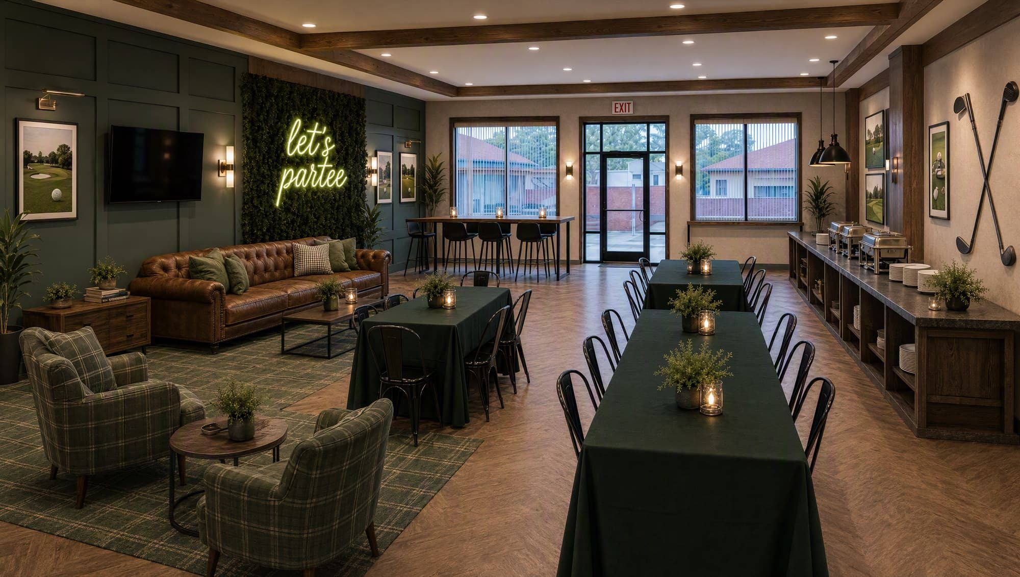The party room dressed clubhouse-style — green tablecloths, plaid armchairs, and candlelight