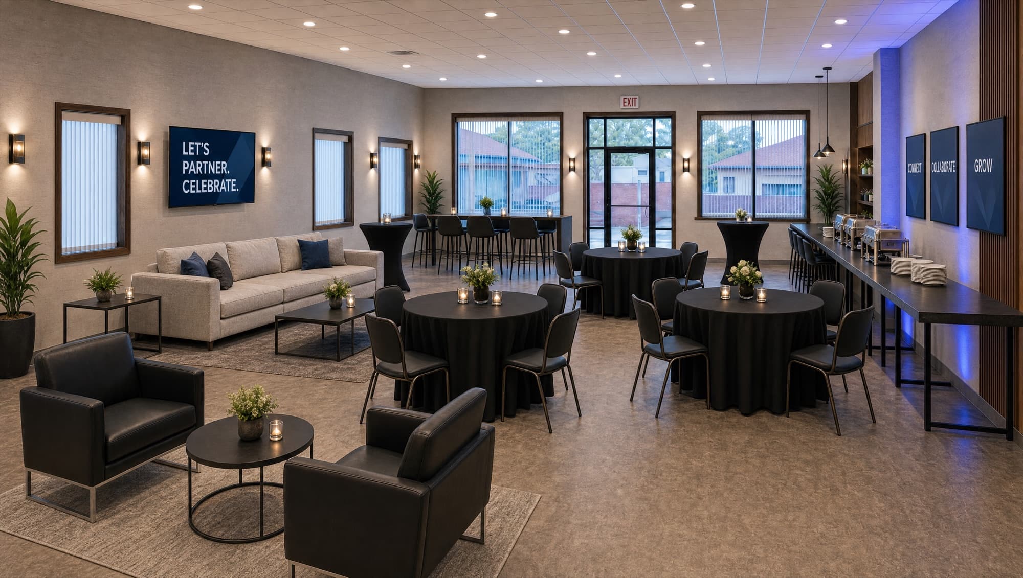 The party room set corporate-style with cocktail rounds, a buffet line, and presentation screens