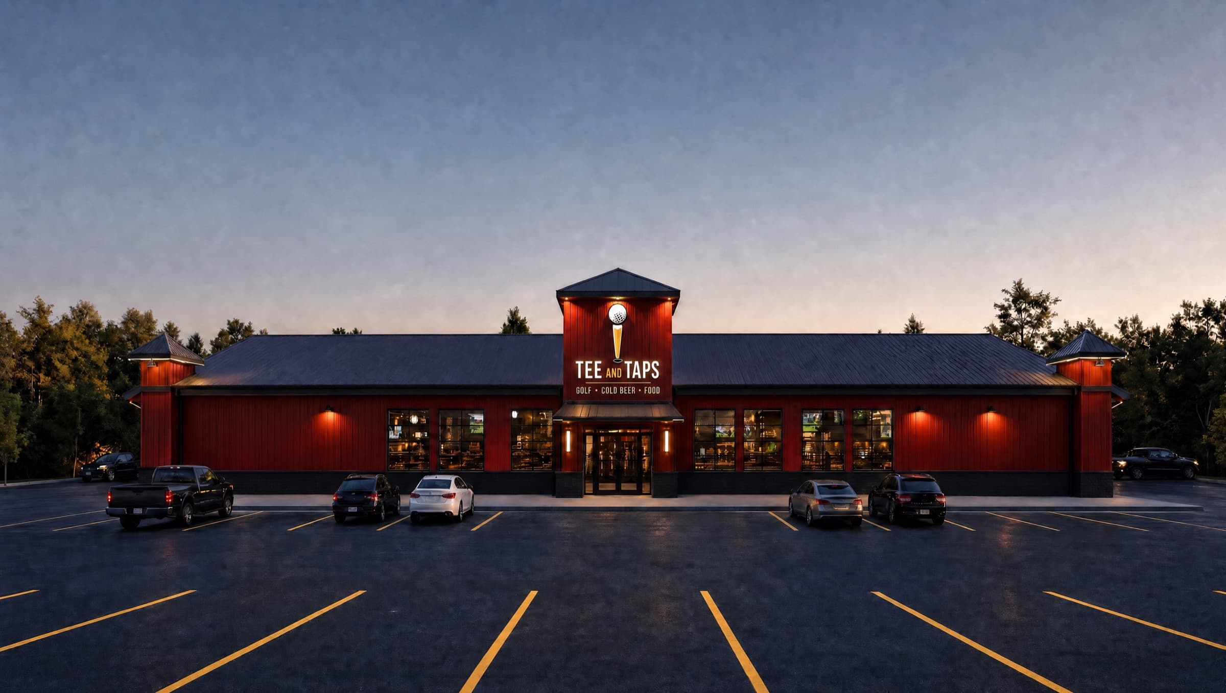 Rendering of the Tee and Taps building at dusk, sign glowing over the parking lot